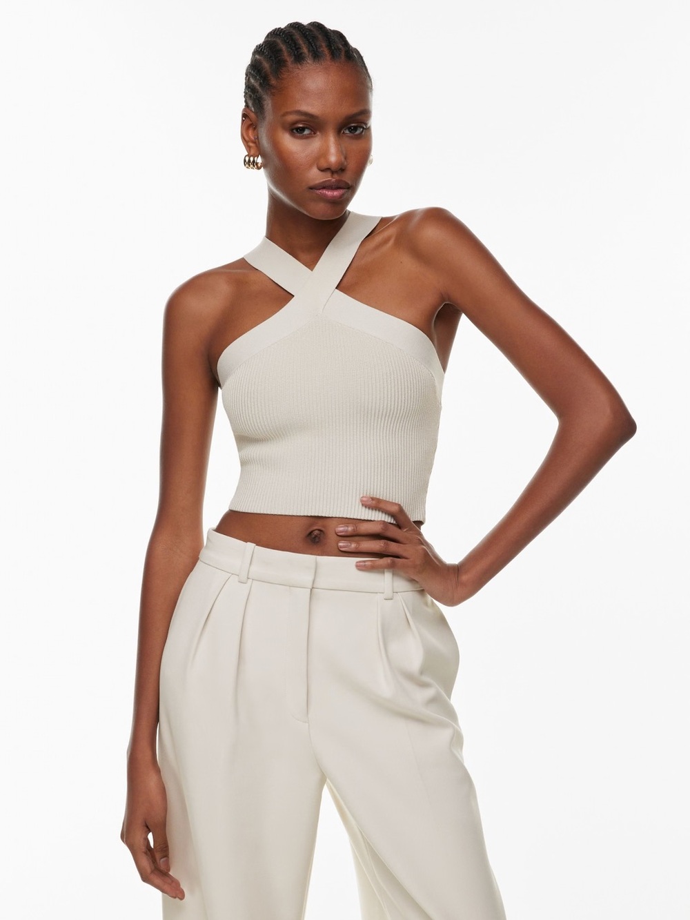 Babaton sculpt knit Cris cross tank crop taupe